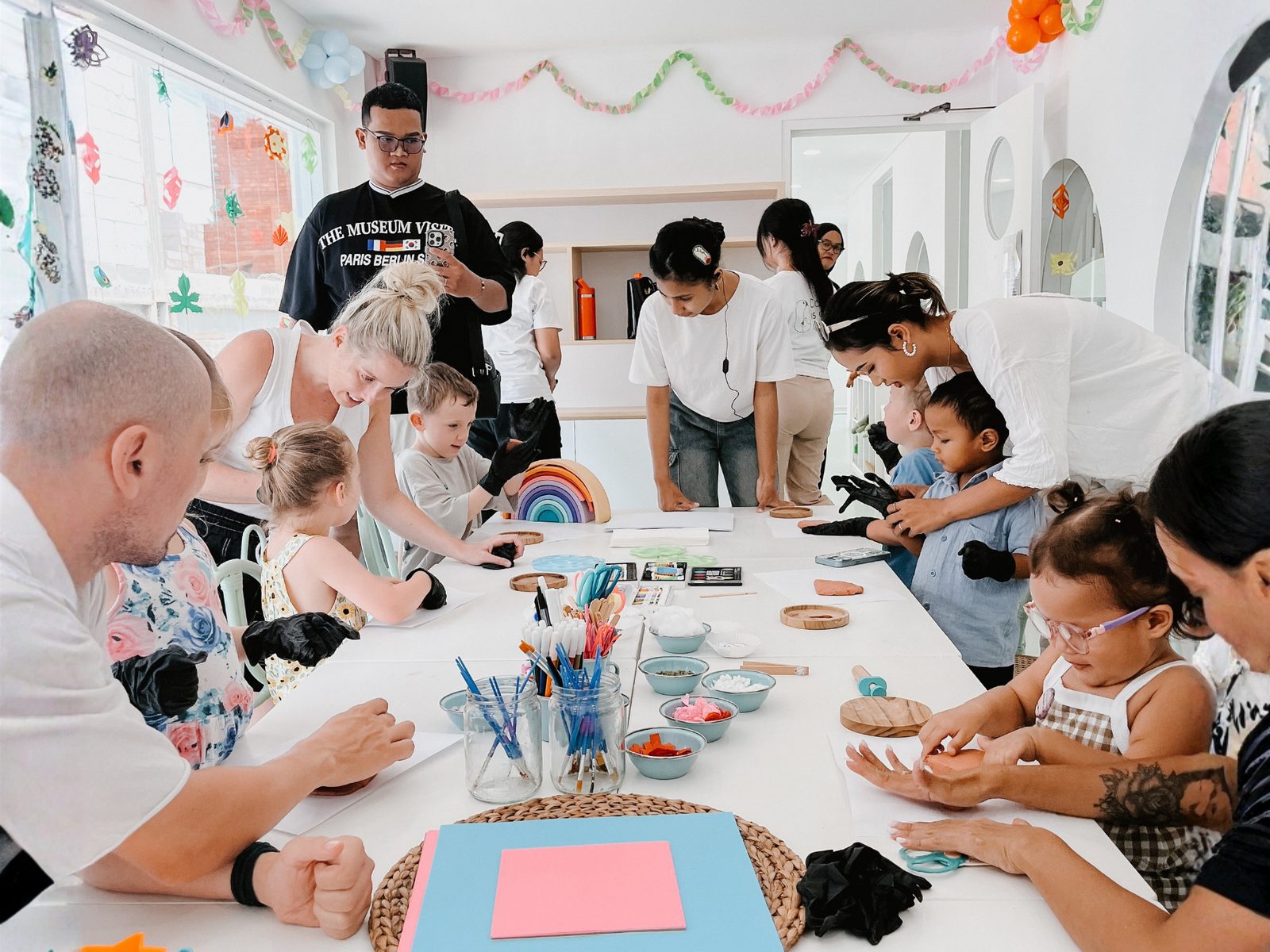Families gathered around the party table